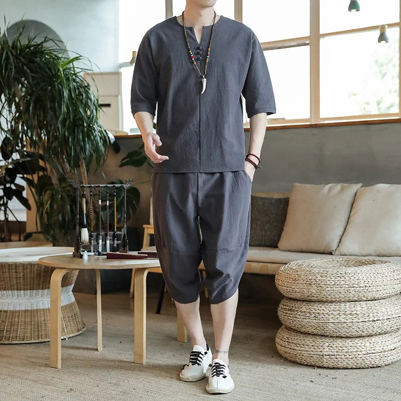 Men's Loose-fit Casual Pants Set Chinese Style Cotton Linen Short Sleeve Shirt Seven-point Shorts Two-piece Suit - Ellianto fashion Men's
