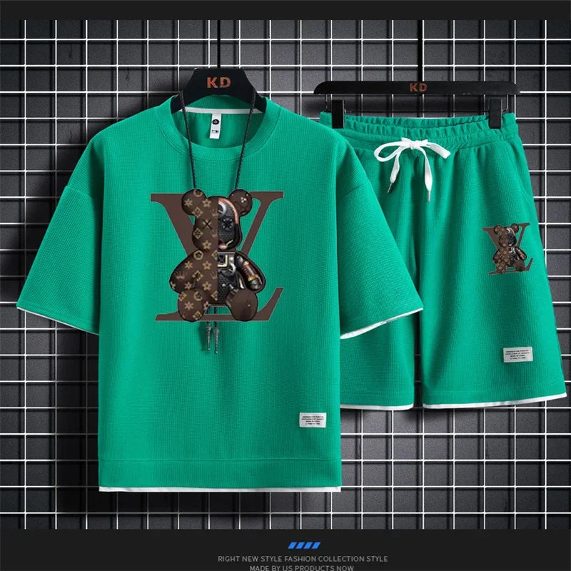 Set 2025 Summer Trend European and American men's sportswear Set: A brand-new outdoor jogging casual breathable short-sleeved T-shir - Ellianto fashion Men's