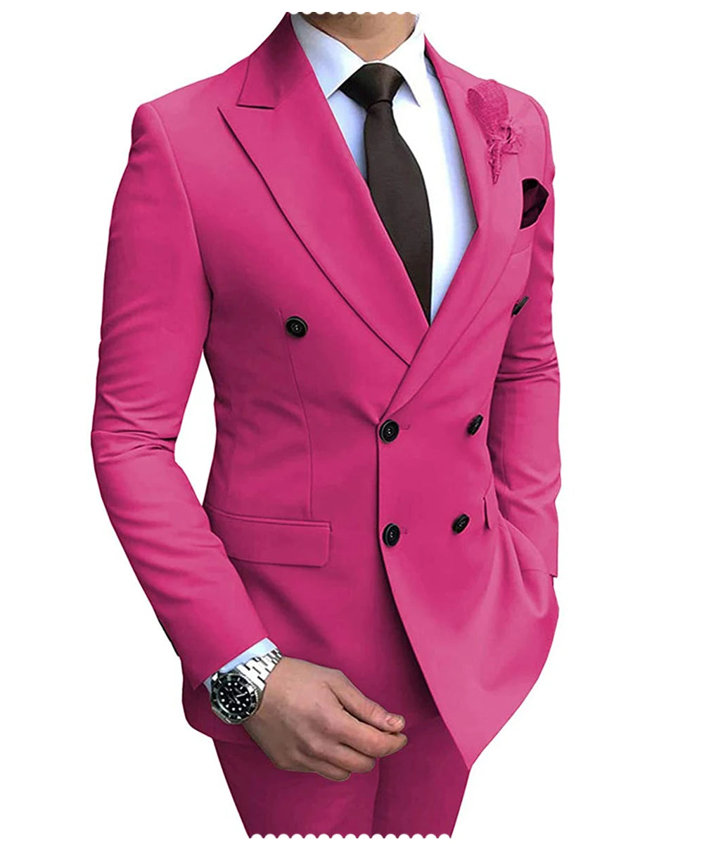 2025 New Beige Men's Suit 2 Pieces Double Breasted Notch Lapel Flat Slim Fit Casual Tuxedos For Wedding(Blazer+Pants)
