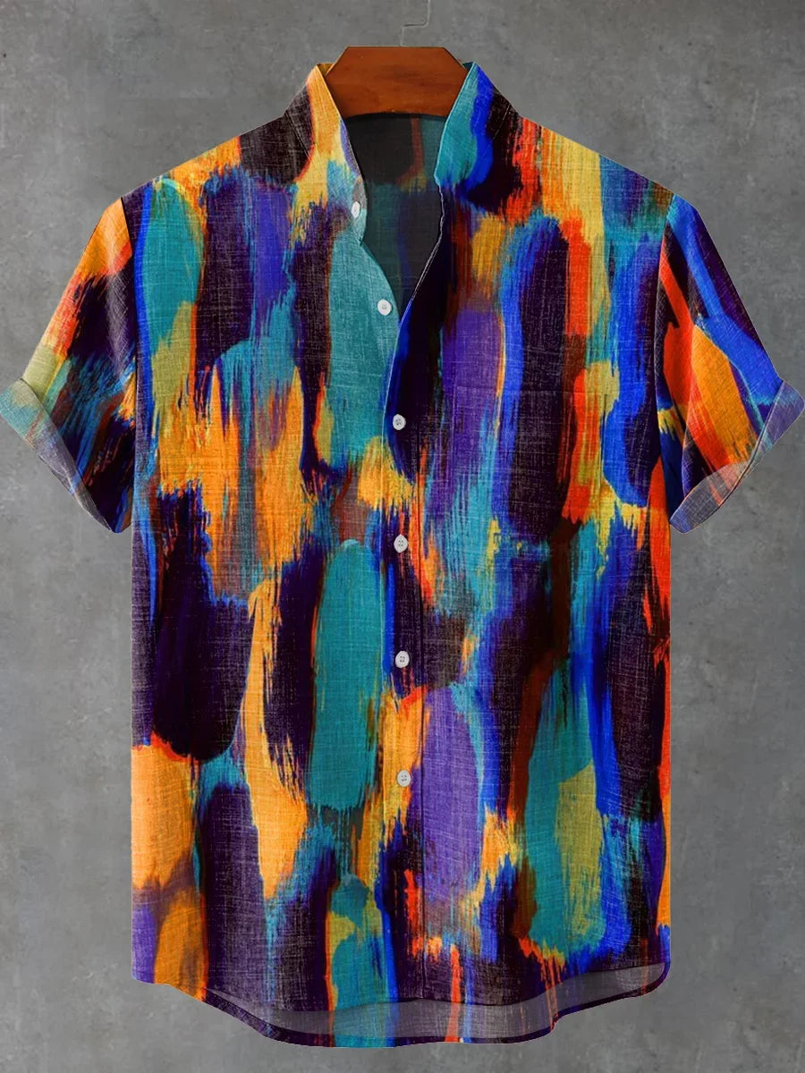 2025 Black Pigment Brush Marking Vintage Printed Casual 100% Line Shirt, Men and Women's Same Short Sleeve Shirt - Ellianto fashion Men's