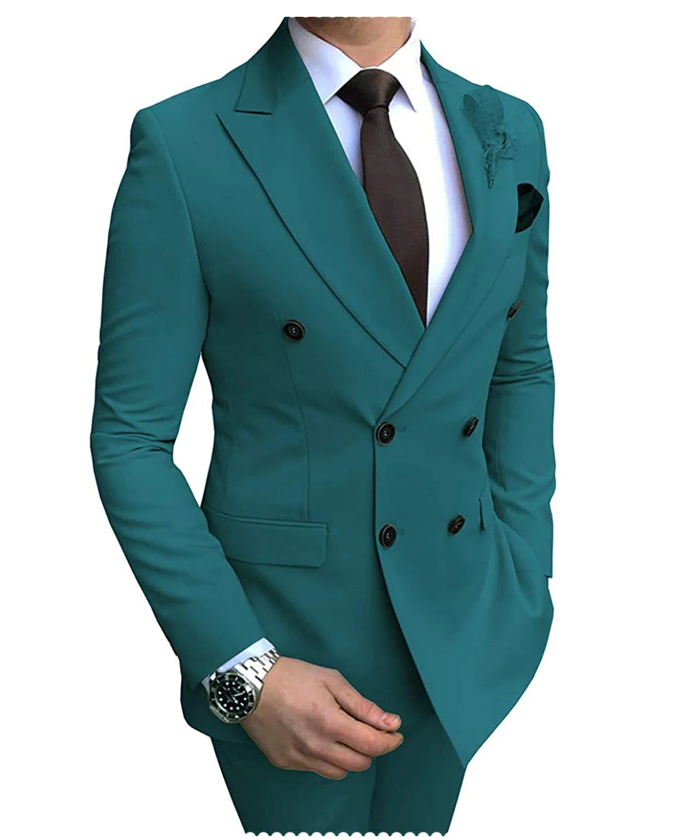 2025 New Beige Men's Suit 2 Pieces Double Breasted Notch Lapel Flat Slim Fit Casual Tuxedos For Wedding(Blazer+Pants)