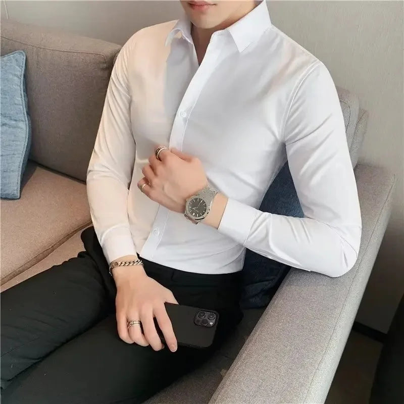 Men's Slim Fit Stretch Business Shirt Long Sleeve Spring Autumn Casual Fashionable Elegant Male Clothing Suit Shirt