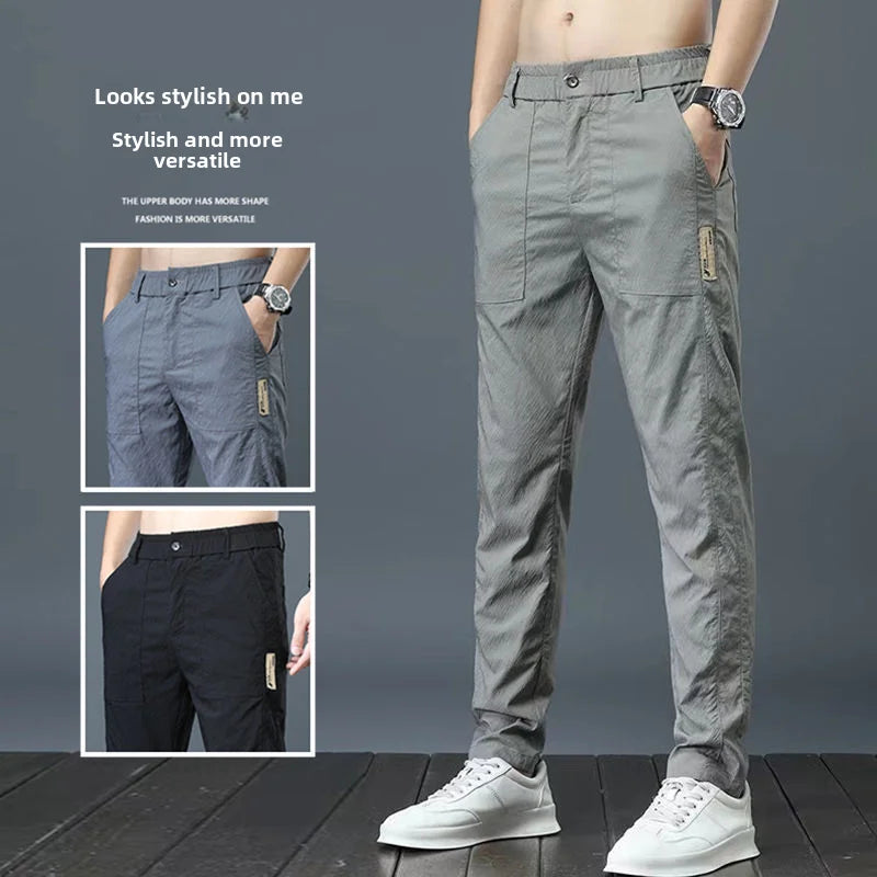 Men's Summer Thin Casual Pants Breathable Ice Silk Elastic Straight-leg Loose-fit Quick Dry Pants Trendy Versatile Long - Ellianto fashion Men's