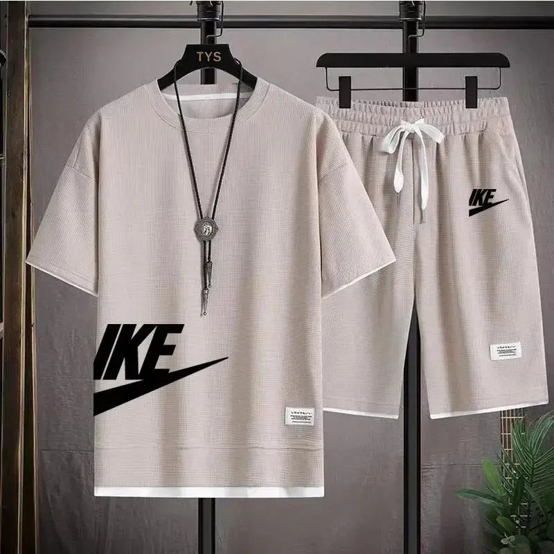 2025 Men's breathable short-sleeved T-shirt + jogging shorts two-piece summer fashion quick-dry fitness leisure sports suit - Ellianto fashion Men's