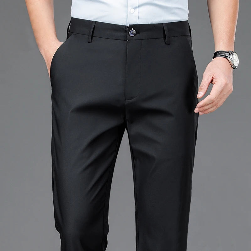 Male Smart Casual Pants Stretchy Sports Men's Fast Dry Trousers Spring Autumn Full Length Straight Office Black Navy Work Pants - Ellianto fashion Men's