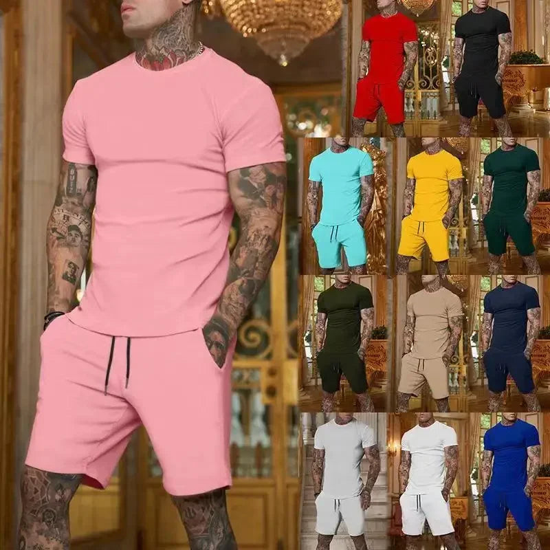 2025 summer new men's breathable sportswear short sleeved t-shirt and shorts set popular quick drying clothing - Ellianto fashion Men's