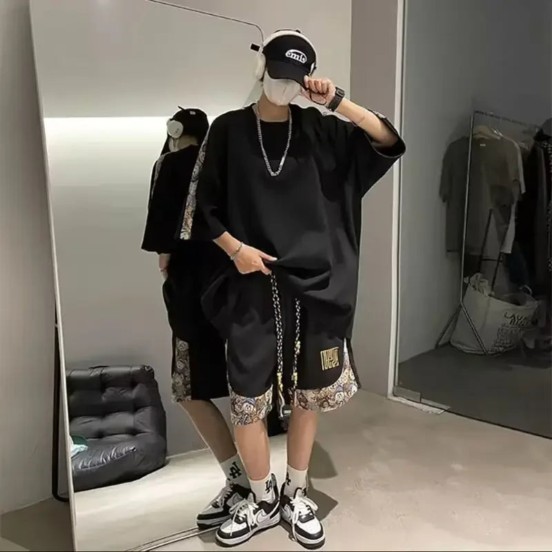 Chinese Style Men's Loose-fit Short Sleeve T-shirt Patchwork Design Sensibility Summer Sport Casual 2-piece Set - Ellianto fashion Men's