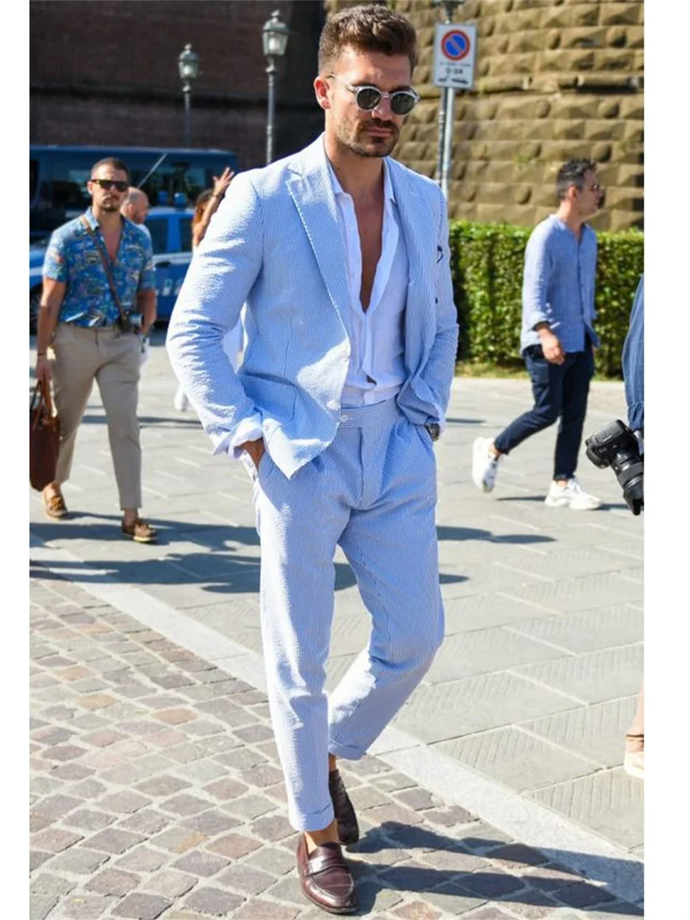2 Pieces Sky Blue Men Suits Seersucker Suits Notched Lapel Summer Leisure Beach Jacket+Pant Groom Wedding Tuxedos