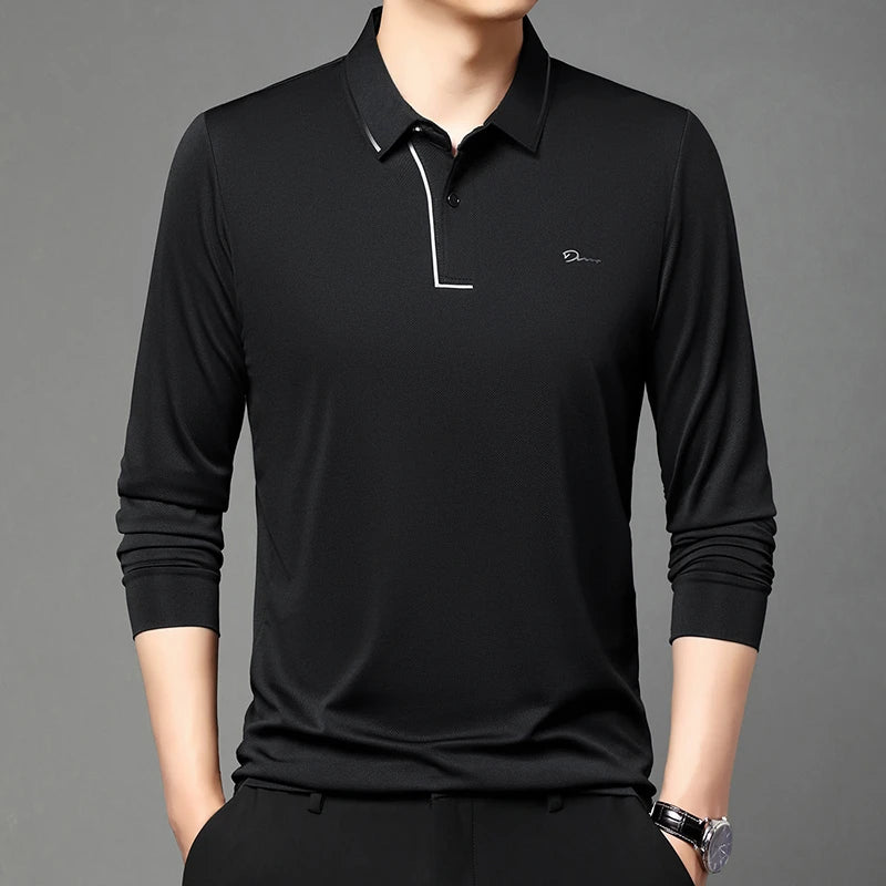 New Men's Business Casual Long Sleeved Shirt with Badge Solid Color Polo Shirt Fashionable Breathable Comfortable Versatile Top - Ellianto fashion Men's