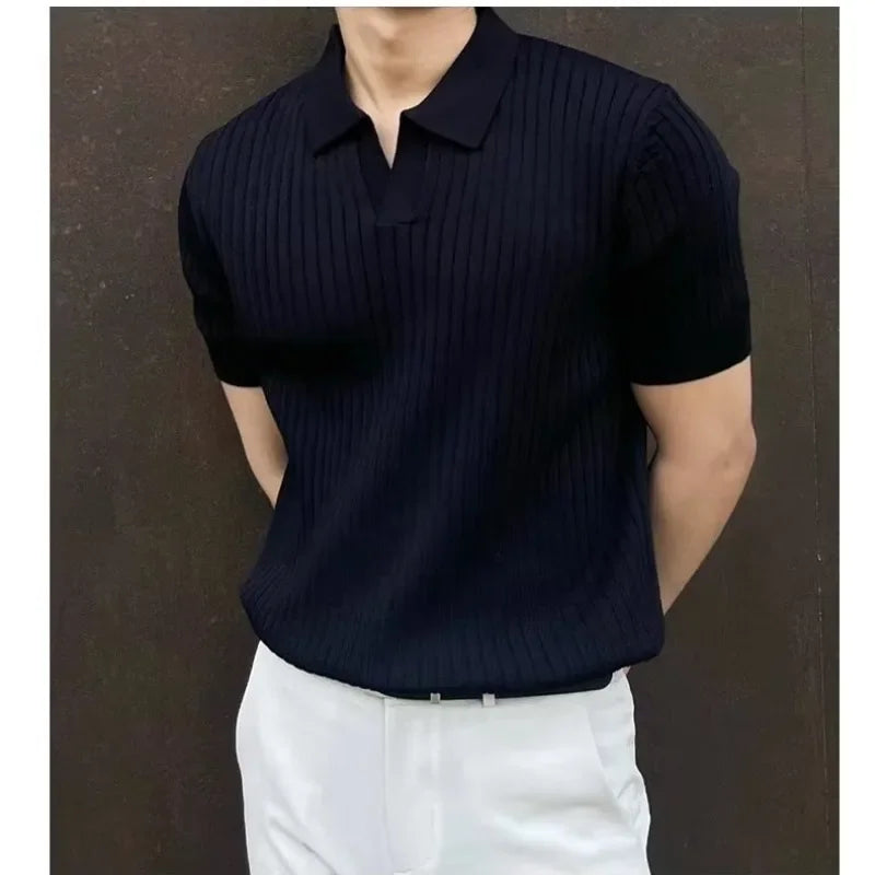 2025 Summer Men's Ice Silk Lapel Polo Short Sleeve Thin Fashionable V-neck Striped Knit Base Layer Top Men's Shirt - Ellianto fashion Men's