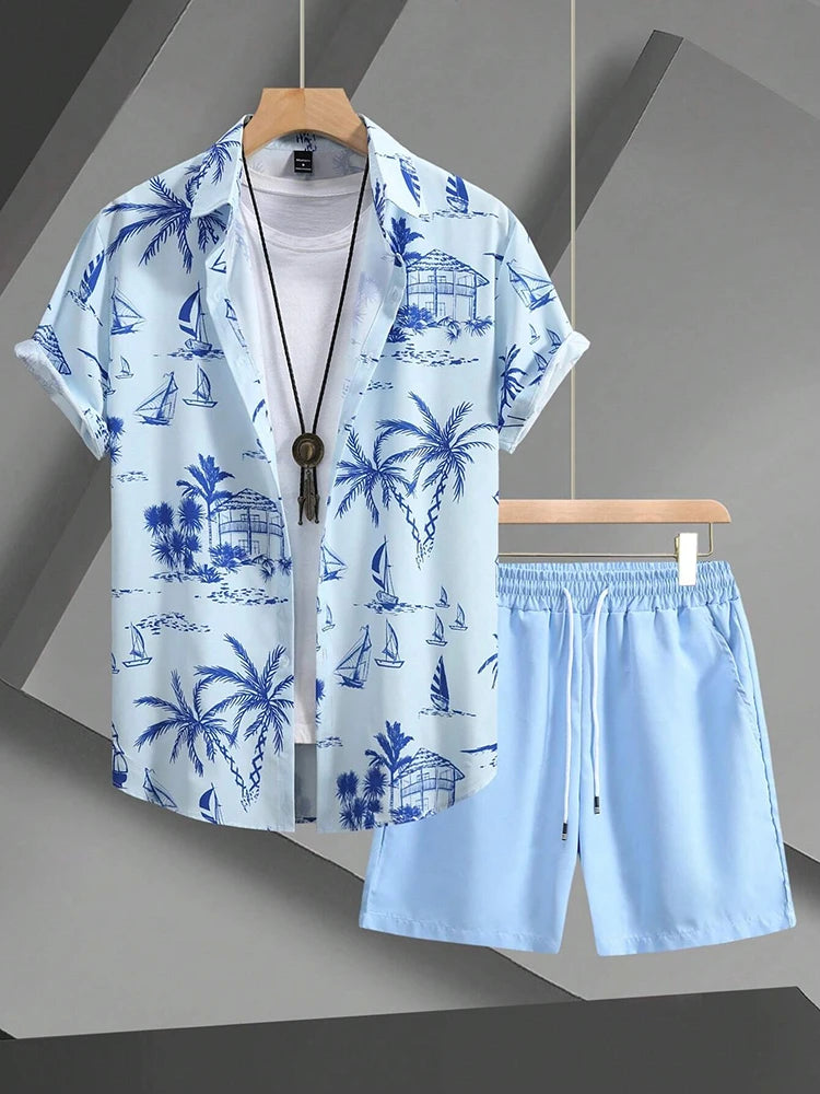 Set Hawaiian Coconut Tree Print Men's Shirt Summer Short Sleeve Tops Beach Shorts 2 Piece Sets Casual Vacation Style Outfit Clothing - Ellianto fashion Men's