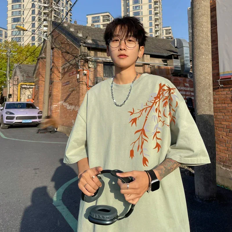 Men's Oversized T-shirts Mens Cotton T Shirt White 5XL Casual Summer Wear Fashion Bamboo Print Tee Shirts for Men Clothing - Ellianto fashion Men's