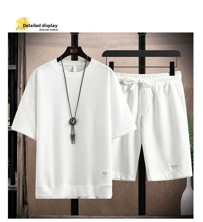 Casual Men's Sportswear Set Summer Short Sleeve Drawstring Shorts Loose Five-Quarter Pants Thin Male Outfit Two-Piece Suit - Ellianto fashion Men's
