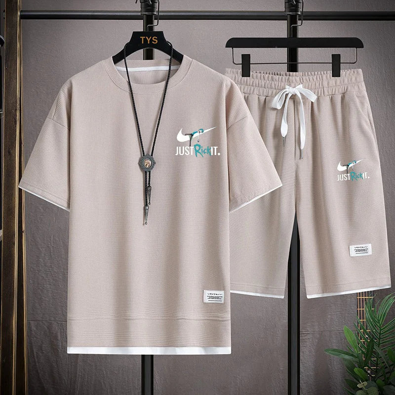 Set 2025 New European and American men's Summer casual cotton and linen short-sleeved shirt + jogging sports shorts 2-piece set - Ellianto fashion Men's