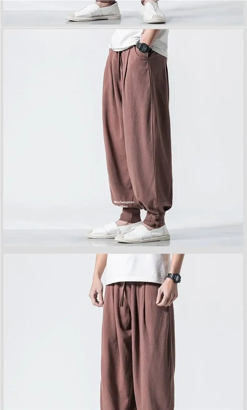 Loose-fit Cotton Linen Men's Women's Monk Pants No Tying Required Casual Spring Summer Long Pants For Zen Meditation - Ellianto fashion Men's