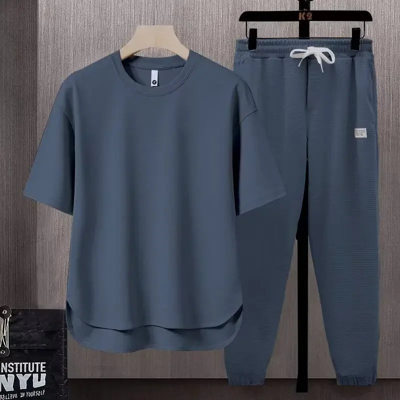 Pure Color Men's T-Shirt Set Short Sleeve Summer Trendy Two-Piece Suit Casual Comfortable Breathable Male Model Clothing - Ellianto fashion Men's