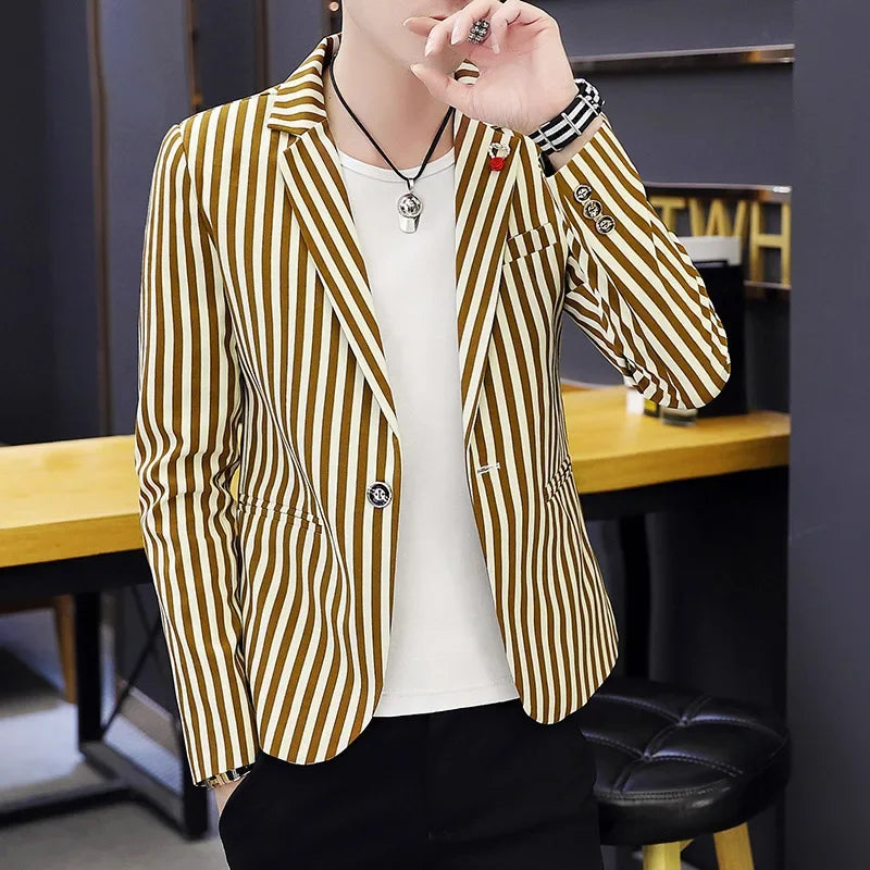 Mens Blazer Jacket 2025 New Suit Male Casual Korean Style Trendy Slim Striped Student Small Suit Jacket Hair Stylist Single Top - Ellianto fashion Men's