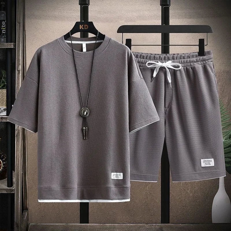 Casual Men's Sportswear Set Summer Short Sleeve Drawstring Shorts Loose Five-Quarter Pants Thin Male Outfit Two-Piece Suit - Ellianto fashion Men's