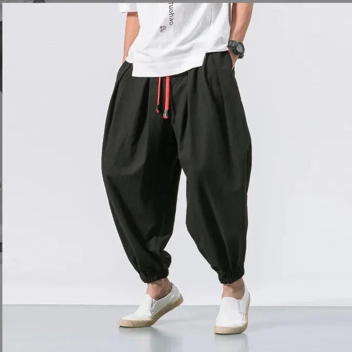 Chinese-Japanese Style Wide-Leg Pants – Loose-Fit Comfort and Trendy Nine-Point Design for the Modern Gentleman