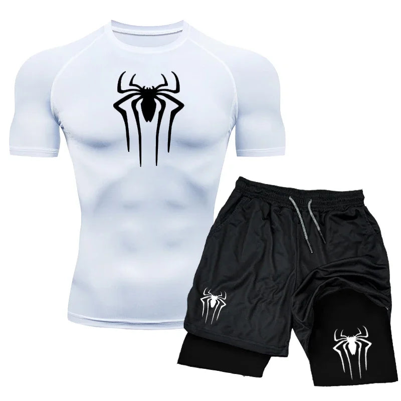 Men’s Spider-Print Compression Sports Set – Lightweight Quick-Dry Gym T-Shirt & Shorts for Effortless 2-Piece Training Comfort