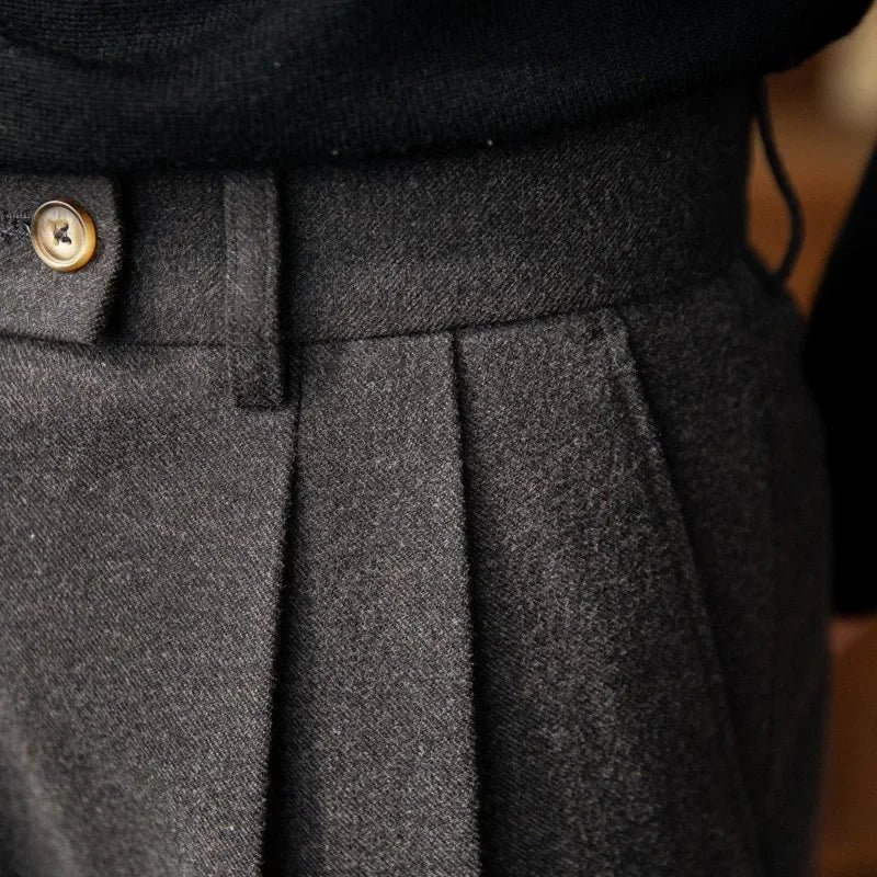 Autumn Winter High-Waisted Woolen Casual Pants For Men Warm Straight-Leg Draped Narrowing Legging Casual Suit Pants