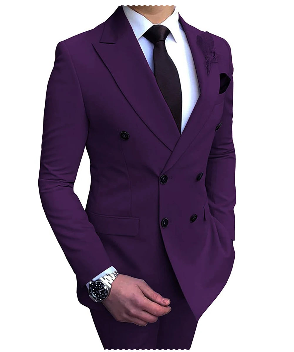 2025 New Beige Men's Suit 2 Pieces Double Breasted Notch Lapel Flat Slim Fit Casual Tuxedos For Wedding(Blazer+Pants)