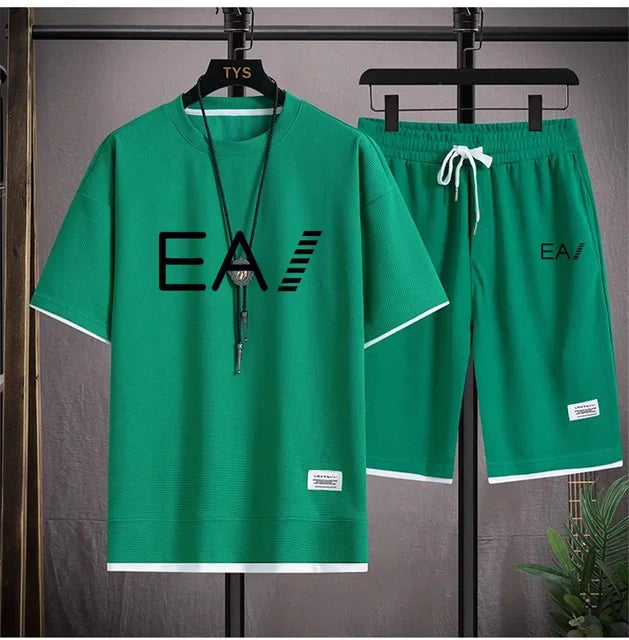 Set A new summer European men's breathable waffle round-neck short-sleeved and jogging sports shorts digital printing two-piece set - Ellianto fashion Men's