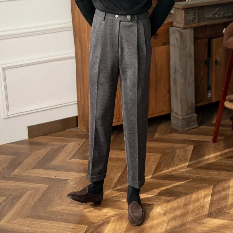 Autumn Winter High-Waisted Woolen Casual Pants For Men Warm Straight-Leg Draped Narrowing Legging Casual Suit Pants