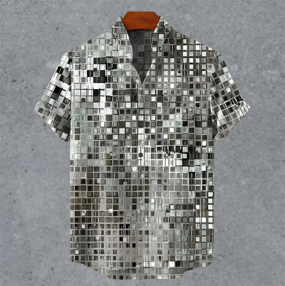 Art retro vintage men's shirt with mottled marks, standing collar printed short sleeved shirt, casual and comfortable top S-5XL - Ellianto fashion Men's