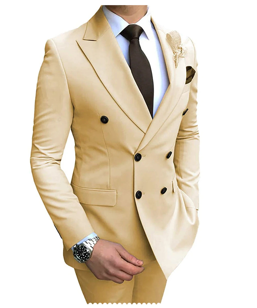 2025 New Beige Men's Suit 2 Pieces Double Breasted Notch Lapel Flat Slim Fit Casual Tuxedos For Wedding(Blazer+Pants)