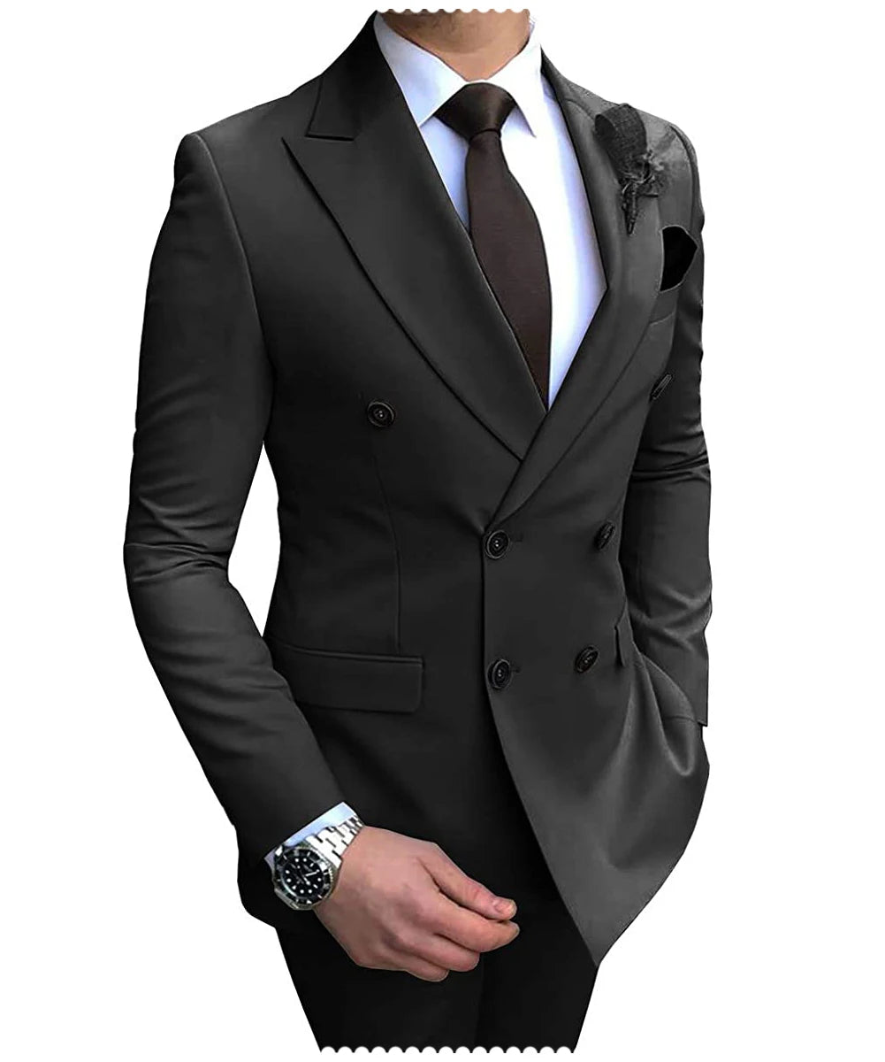 2025 New Beige Men's Suit 2 Pieces Double Breasted Notch Lapel Flat Slim Fit Casual Tuxedos For Wedding(Blazer+Pants)