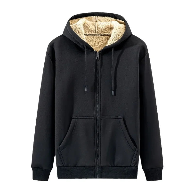 Autumn Winter New Men's Fleece Lined Thickened Sweatshirt Cardigan Hooded Zip Up Versatile Casual Jacket Warm Lambswool
