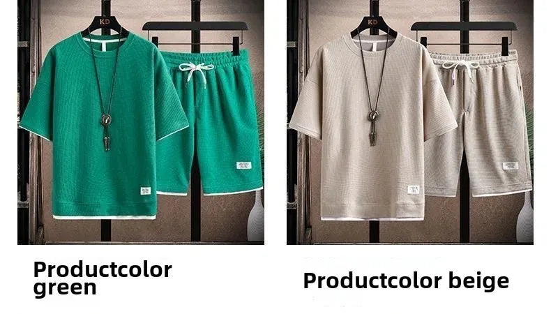 Casual Men's Sportswear Set Summer Short Sleeve Drawstring Shorts Loose Five-Quarter Pants Thin Male Outfit Two-Piece Suit - Ellianto fashion Men's