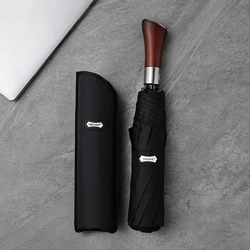 Luxury Brand Wooden Handle Automatic Rain Umbrella Large Women Man Business Strong Wind Resistant Sunshade UV Sun Parasol 3 Fold - Ellianto fashion Men's