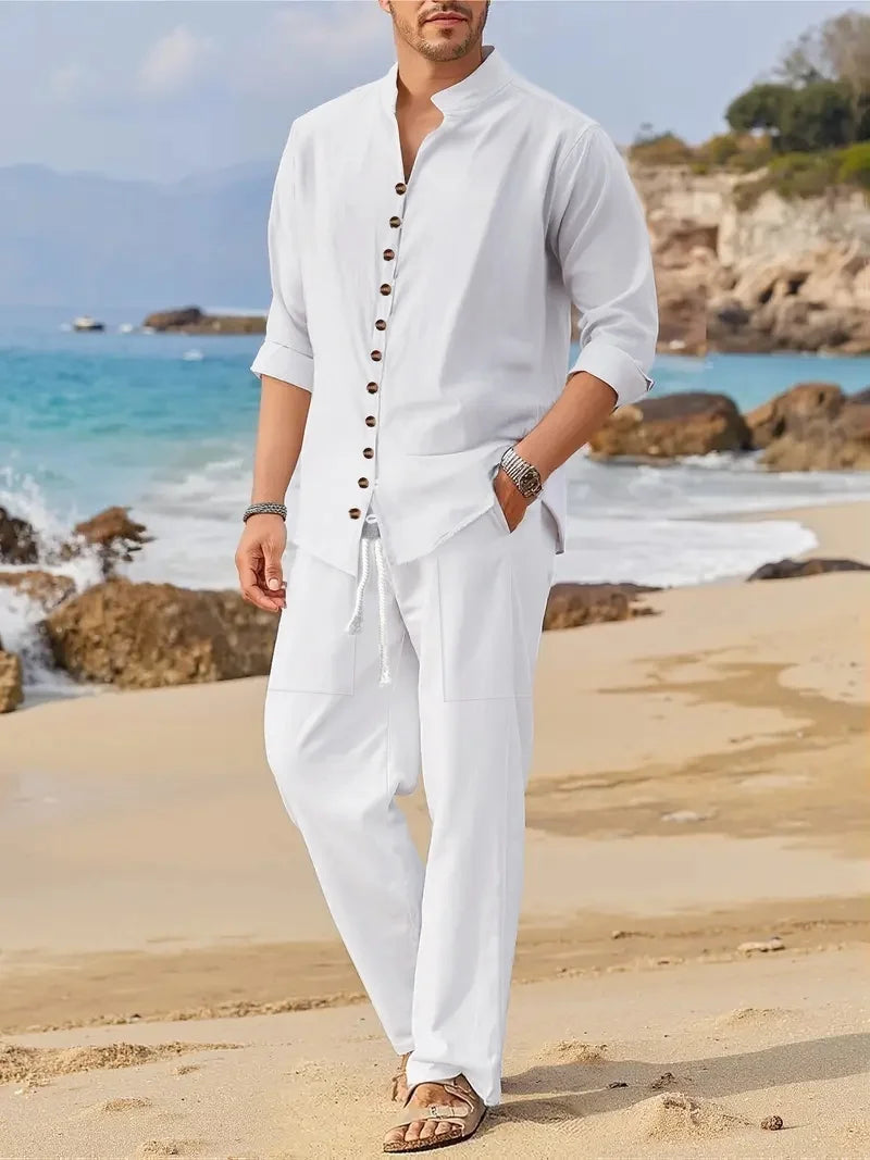 Men's Fashionable Cotton Linen Shirt Set with Cuban Pocket Long Sleeve Casual Two-Piece Suit Spring Autumn 100% Natural Fiber - Ellianto fashion Men's