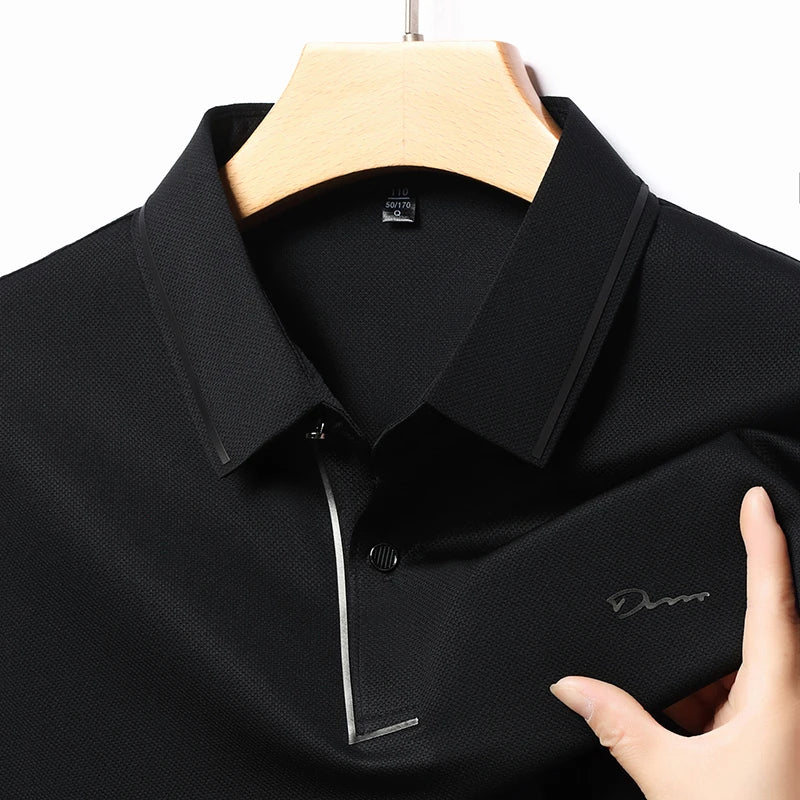 New Men's Business Casual Long Sleeved Shirt with Badge Solid Color Polo Shirt Fashionable Breathable Comfortable Versatile Top - Ellianto fashion Men's