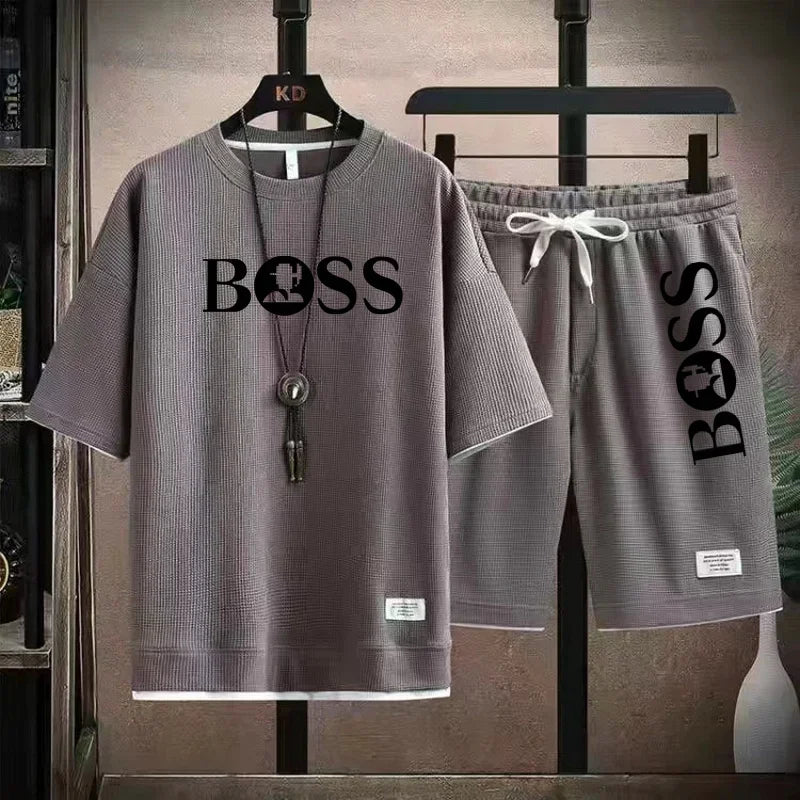 Men's luxury sportswear set casual fitness T-shirt and shorts 2-piece set with short sleeves summer 2025 - Ellianto fashion Men's