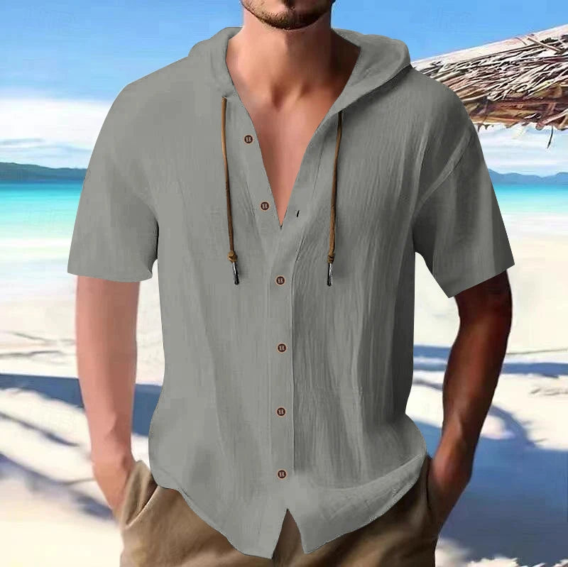Cross-border men's solid color casual short-sleeved shirt with hooded drawstring cotton hemp cardigan with loose T-shirt - Ellianto fashion Men's