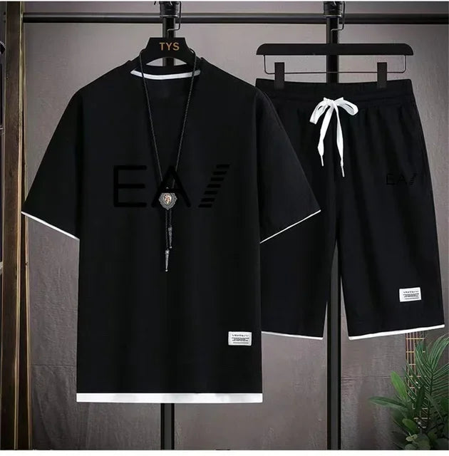 Set A new summer European men's breathable waffle round-neck short-sleeved and jogging sports shorts digital printing two-piece set - Ellianto fashion Men's