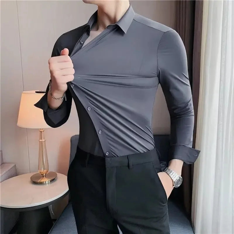 Men's Slim Fit Stretch Business Shirt Long Sleeve Spring Autumn Casual Fashionable Elegant Male Clothing Suit Shirt