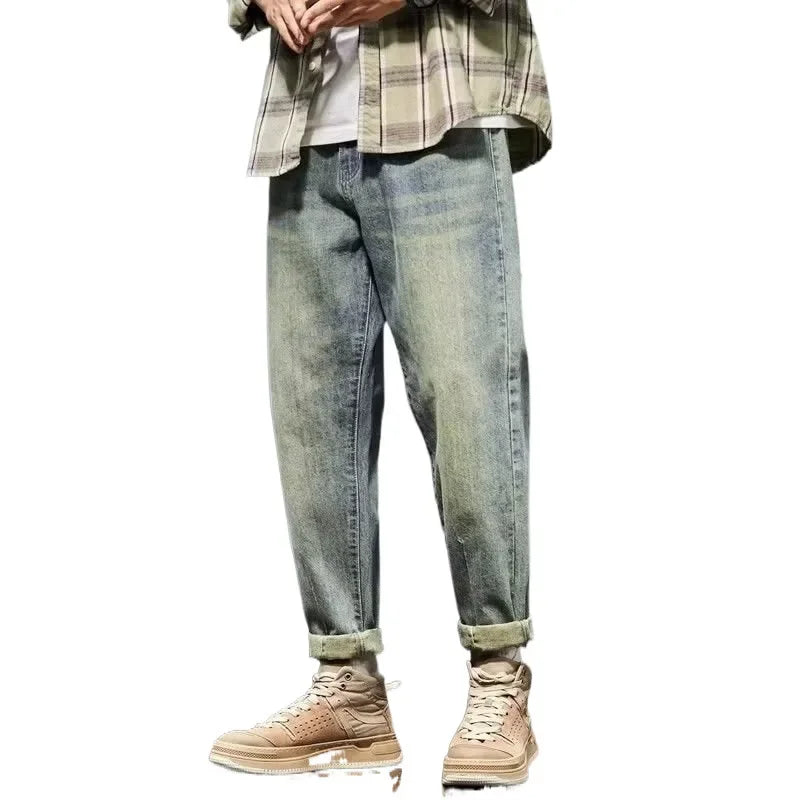 Casual Straight Leg Workwear Jeans Men's Handsome Trendy Brand Spring Autumn New Style Nine Points Casual Pants for Boys - Ellianto fashion Men's
