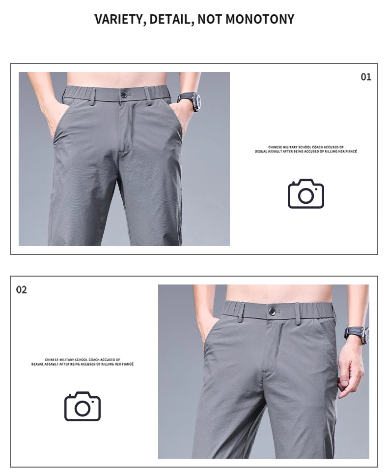 Summer New Business Ice Silk Pants Straight Elastic Waist Black Gray Trousers Breathable Simple Male Clothing Casual Suit Pants - Ellianto fashion Men's
