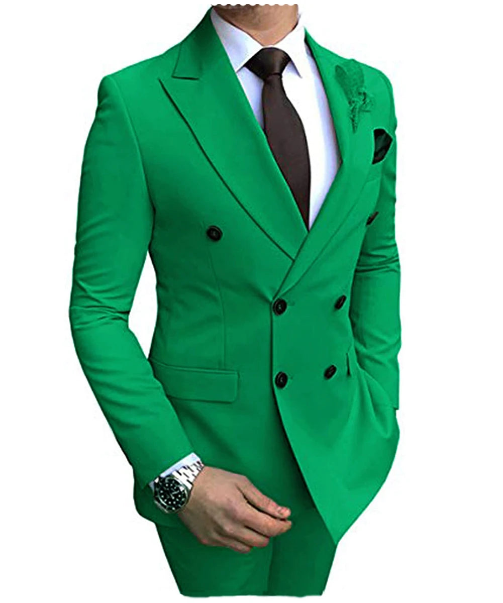 2025 New Beige Men's Suit 2 Pieces Double Breasted Notch Lapel Flat Slim Fit Casual Tuxedos For Wedding(Blazer+Pants)