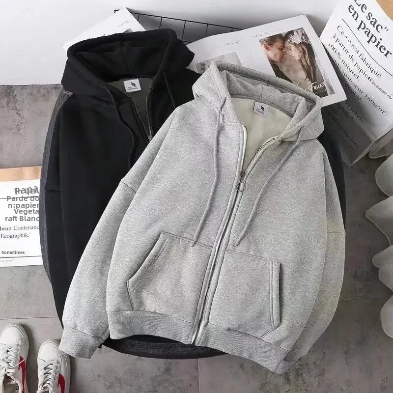 Wholesale Men's Fleece-lined Jacket New Style Cardigan Casual Sweatshirt Loose Fit Autumn/winter Zipper Hooded Top