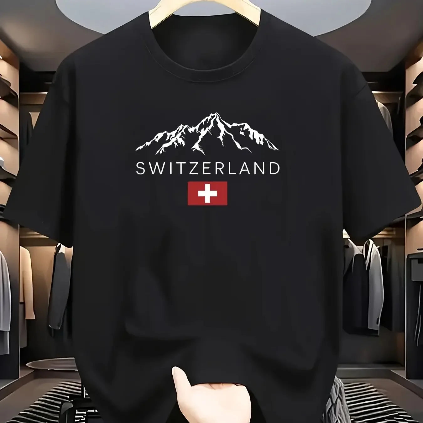 2025 New European Men's Summer 100% Pure Cotton Fashionable Casual Sporty Swiss mountain Pattern Printed round-neck short-sleeve - Ellianto fashion Men's