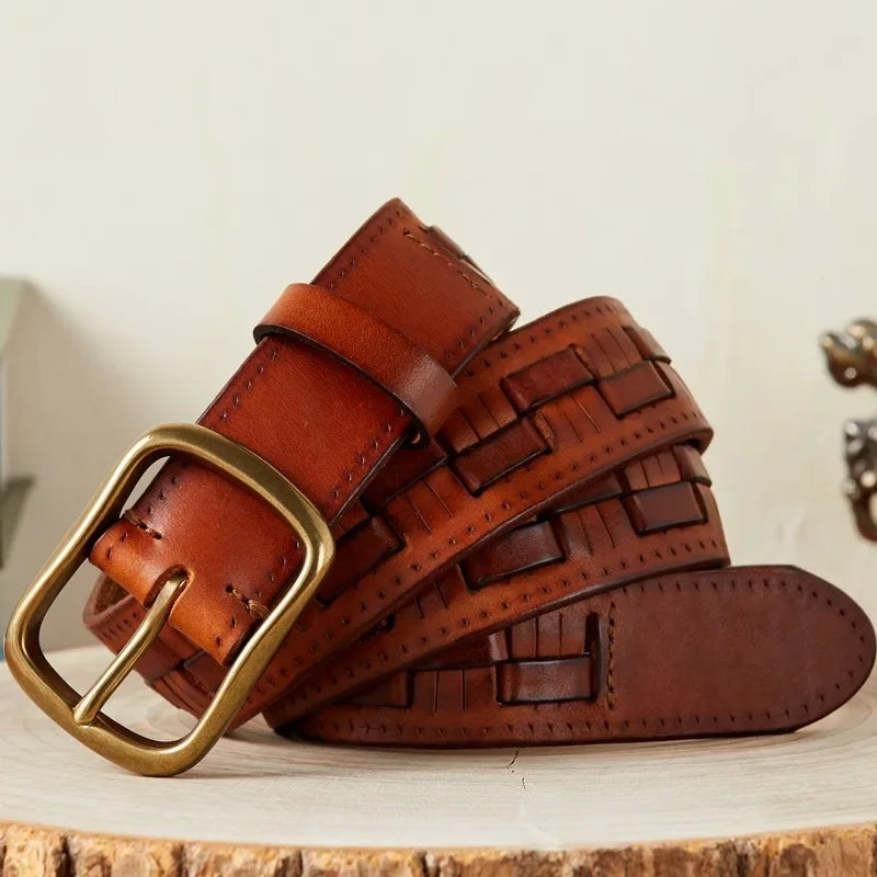 Premium Quality Leather Belt for Men, Handmade Braided Waistband with Retro Style Needle Buckle, First Layer Cowhide Woven Belt - Ellianto fashion Men's