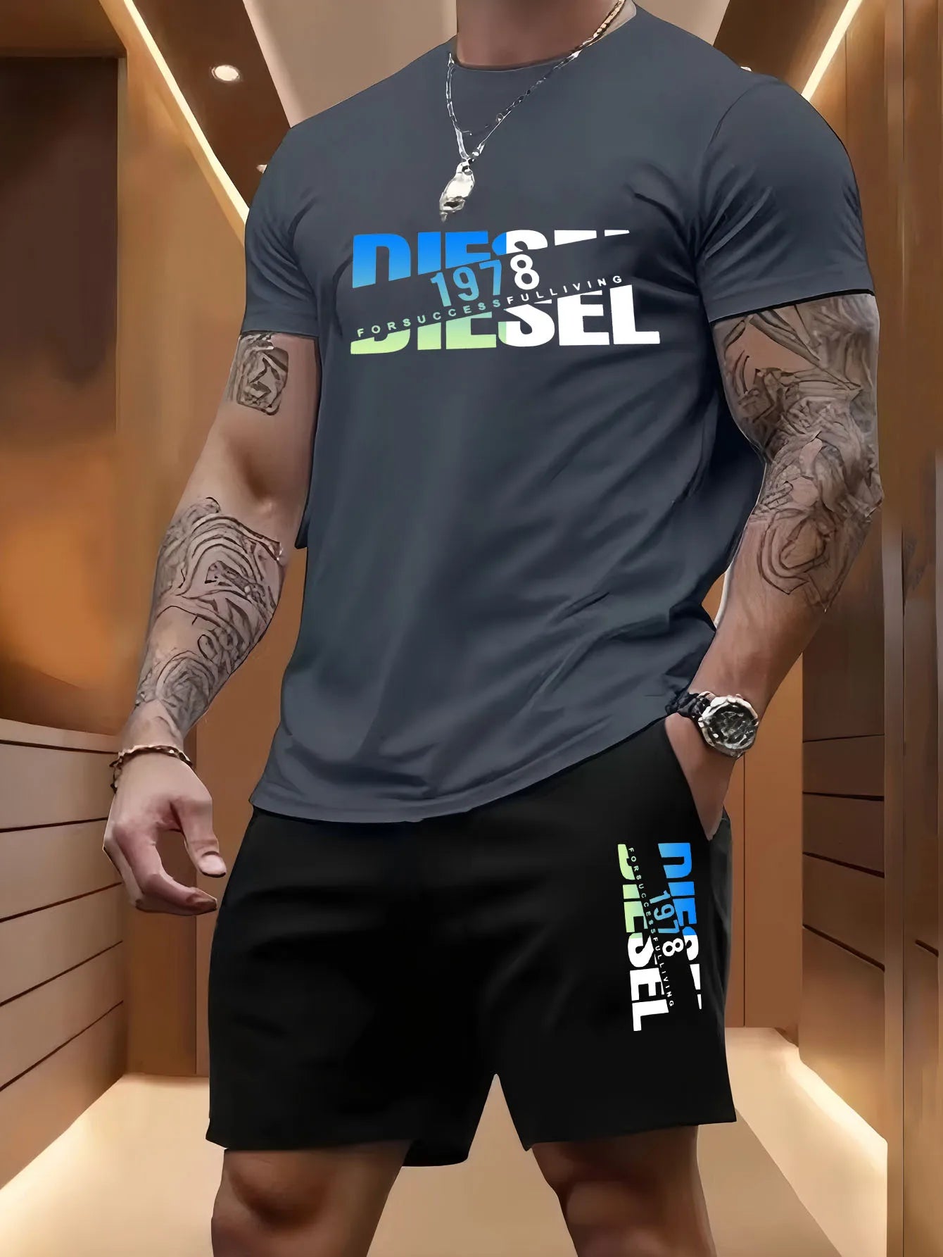 Set Summer men's casual two-piece set round-neck short-sleeved T-shirt and sports shorts for outdoor activities - Ellianto fashion Men's