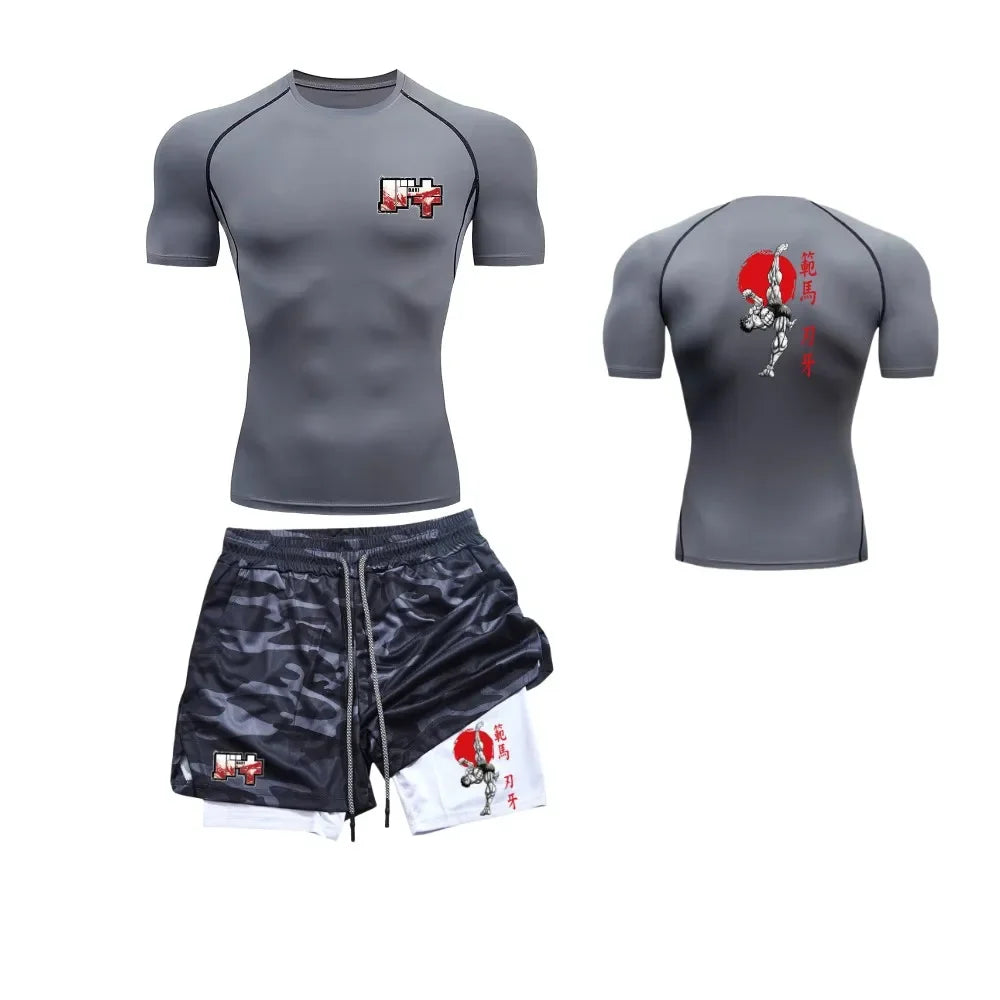 Men’s & Women’s Stylish Sports Set – Quick-Dry Fitness Wear with Baki Hanma Print & 2-in-1 Shorts