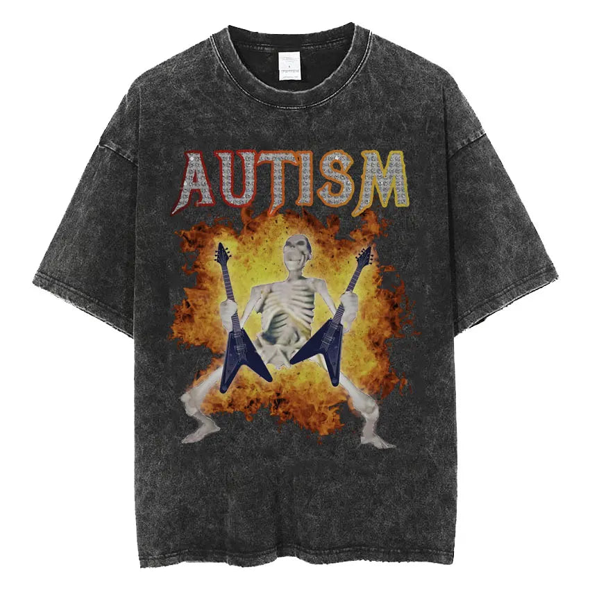 Autism Skeleton Meme T Shirt Human Funny Skull Men Women Harajuku Gothic Vintage Washed T Shirts Oversized Casual Cotton T-shirt