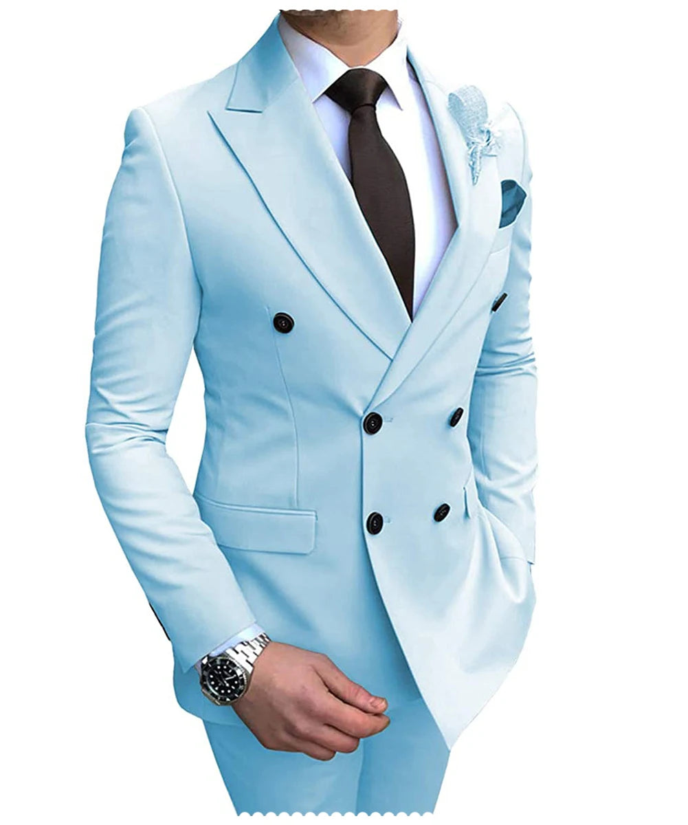 2025 New Beige Men's Suit 2 Pieces Double Breasted Notch Lapel Flat Slim Fit Casual Tuxedos For Wedding(Blazer+Pants)